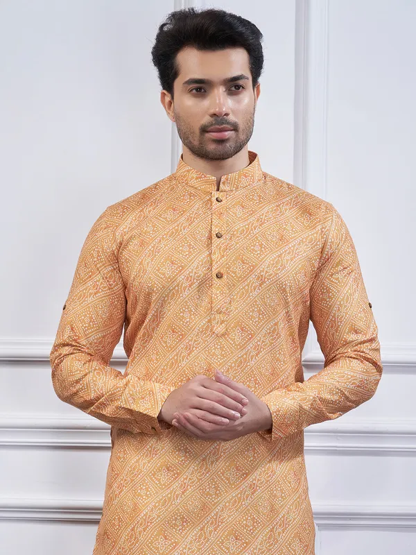 Light orange printed cotton kurta suit