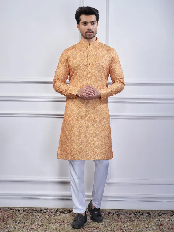 Light orange printed cotton kurta suit