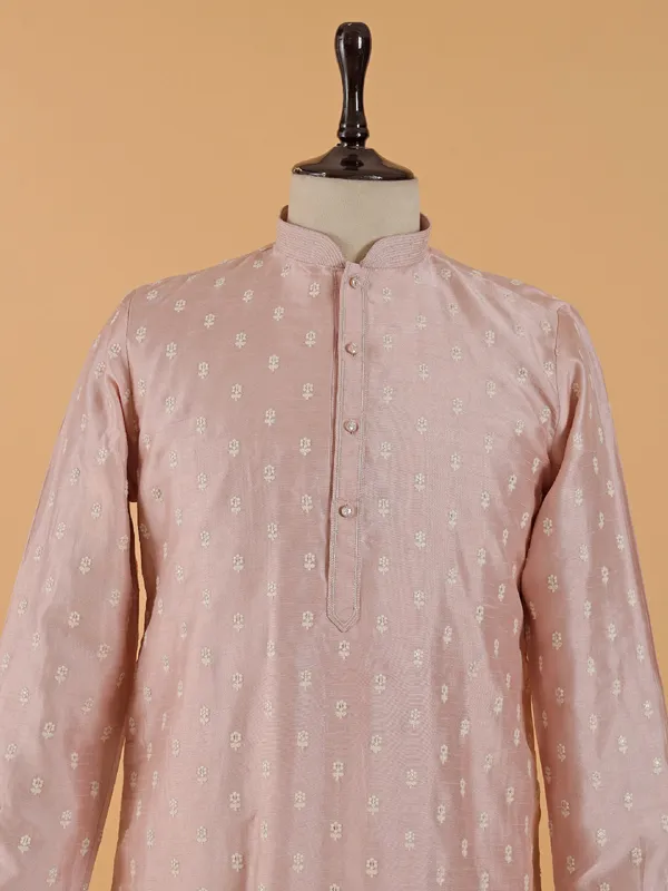 Light peach festive wear silk kurta set for men