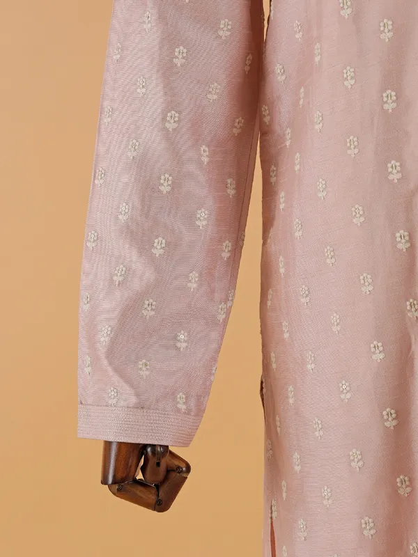 Light peach festive wear silk kurta set for men