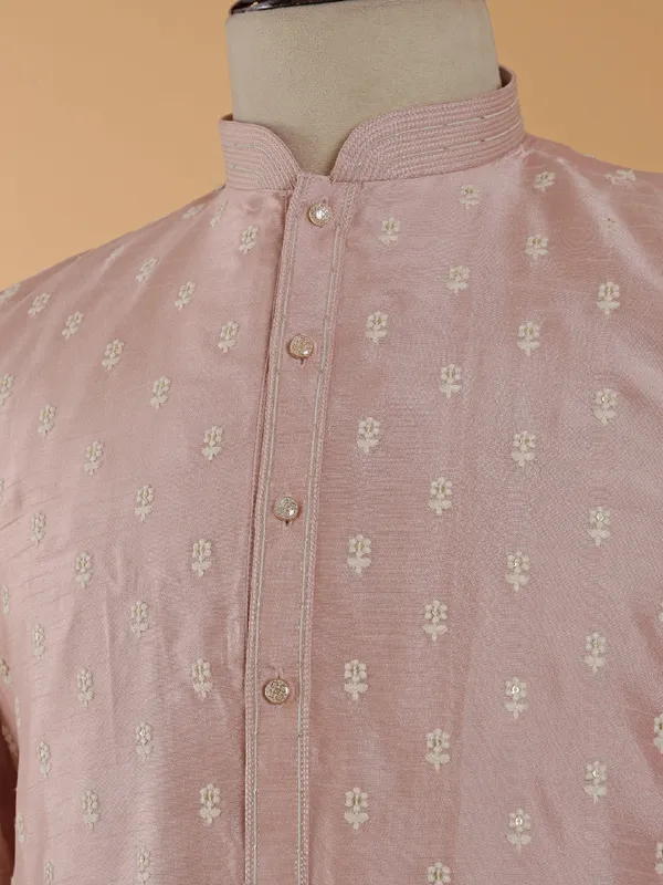 Light peach festive wear silk kurta set for men