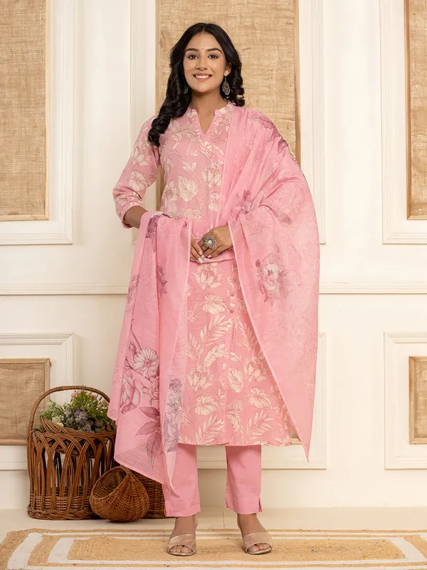 Light peach floral printed cotton kurti set