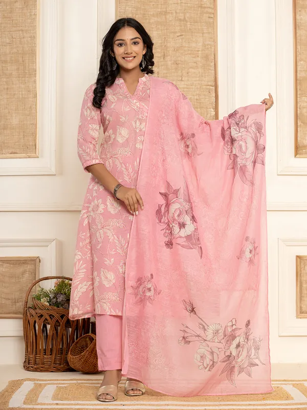 Light peach floral printed cotton kurti set
