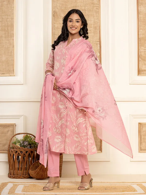 Light peach floral printed cotton kurti set