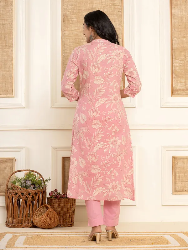 Light peach floral printed cotton kurti set