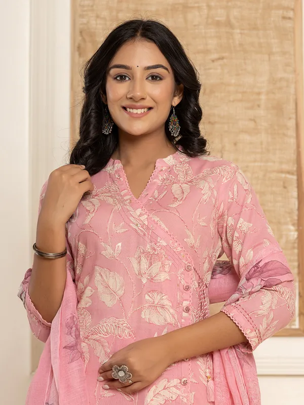Light peach floral printed cotton kurti set