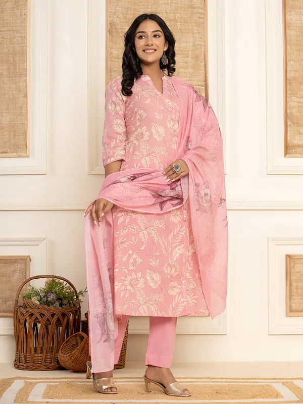 Light peach floral printed cotton kurti set
