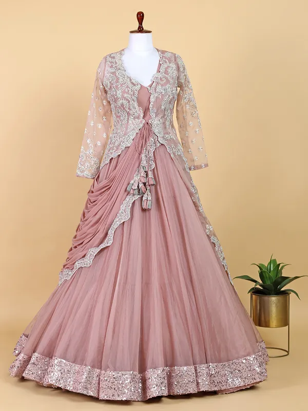 Light peach organza jacket style floor length gown