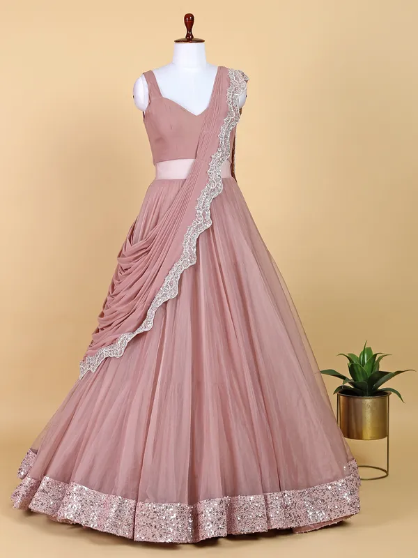 Light peach organza jacket style floor length gown