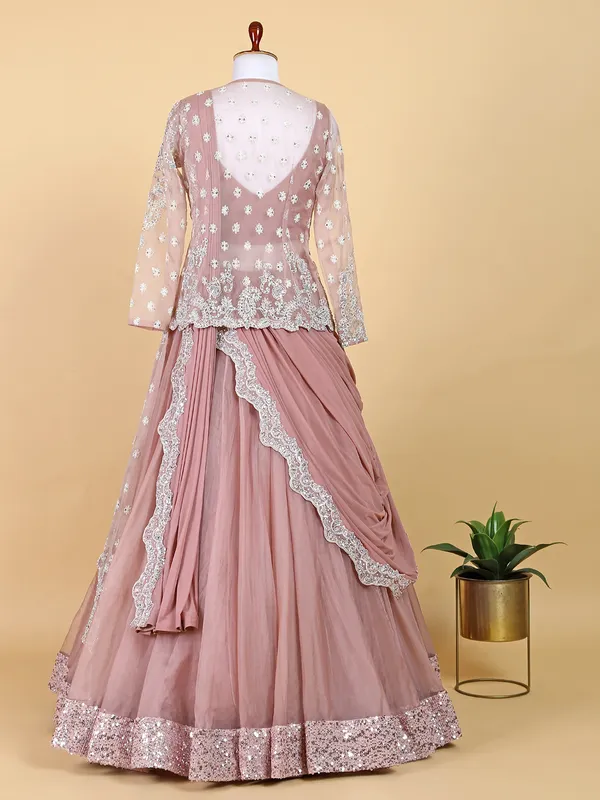 Light peach organza jacket style floor length gown