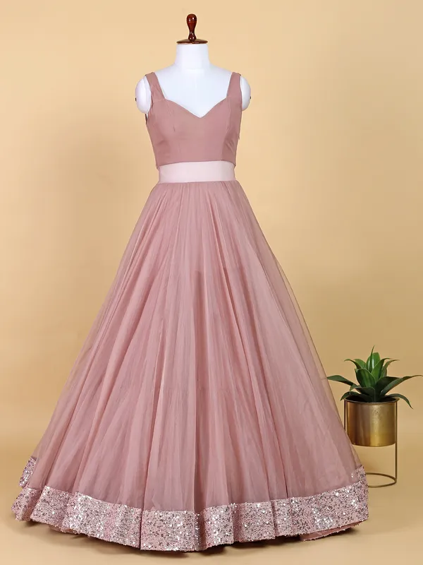 Light peach organza jacket style floor length gown
