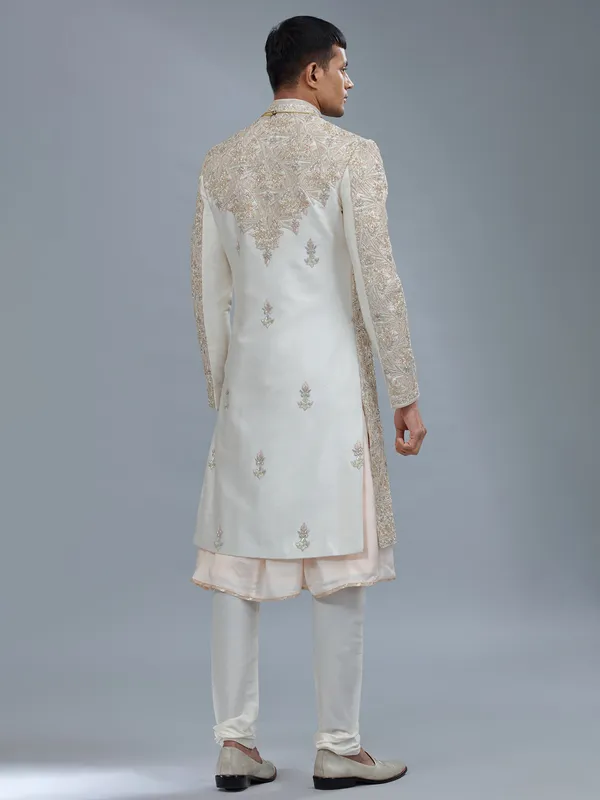 Light peach peshwai style raw silk sherwani