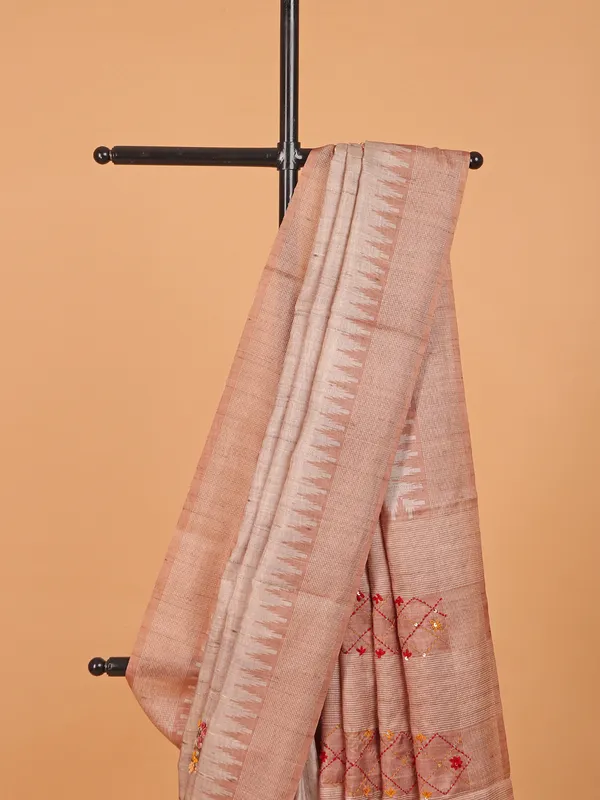 Light peach printed semi tusser silk saree for festive