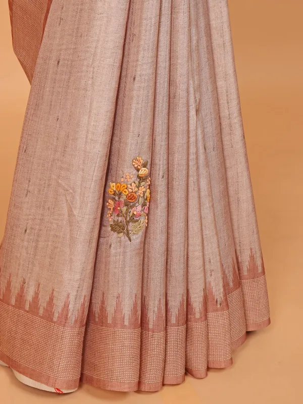 Light peach printed semi tusser silk saree for festive