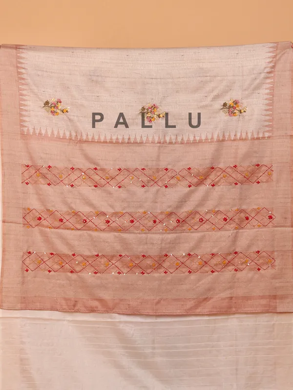 Light peach printed semi tusser silk saree for festive