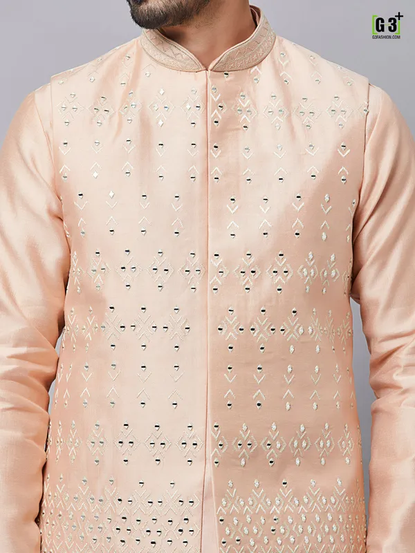 Light peach raw silk waistcoat set for men