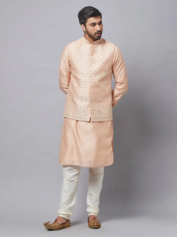 Light peach raw silk waistcoat set for men