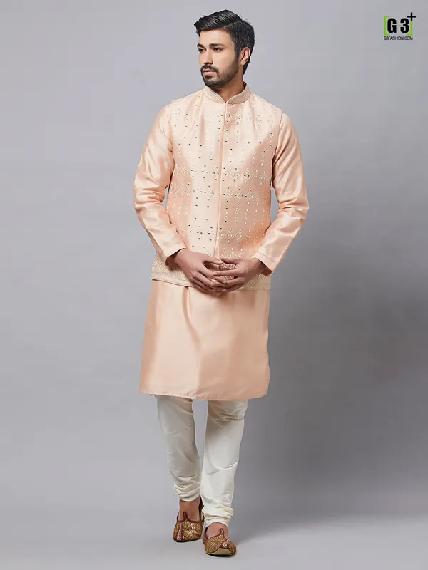 Light peach raw silk waistcoat set for men