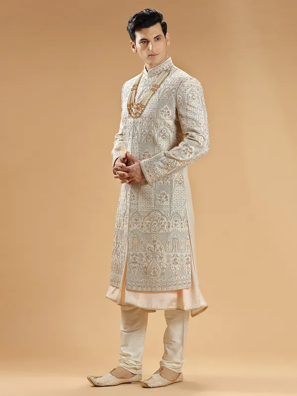 Light peach rich raw silk groom sherwani