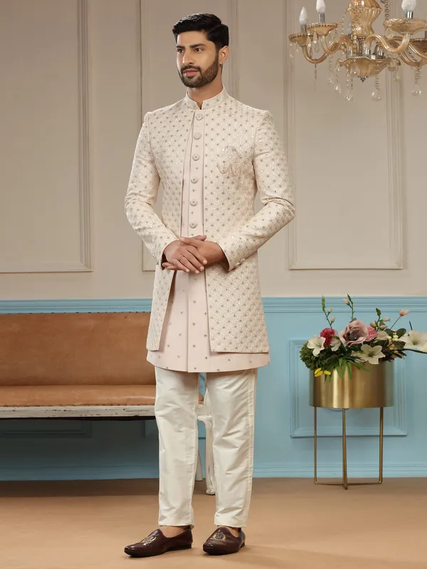 Light peach silk embroidery indowestern