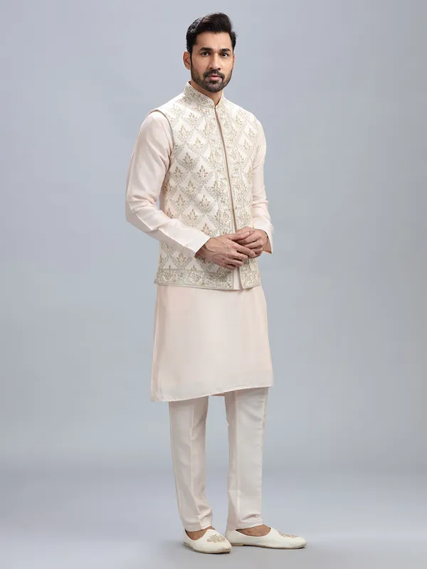Light peach silk waistcoat set for men