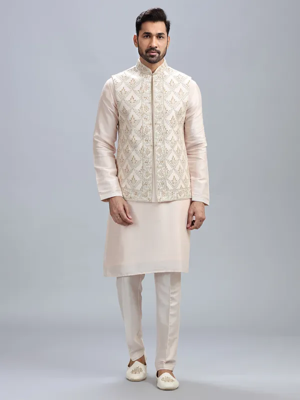 Light peach silk waistcoat set for men