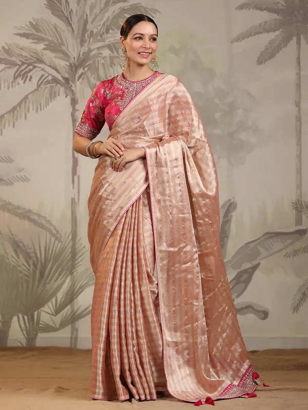 Light peach stripe silk saree