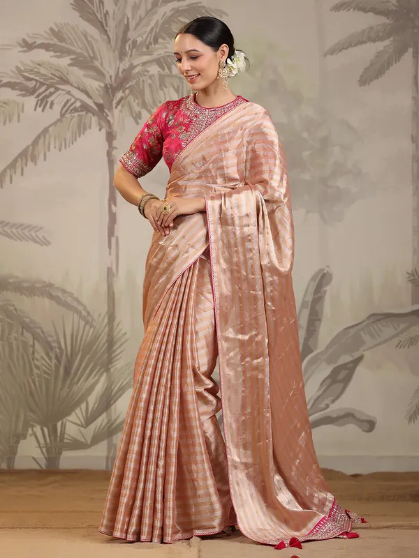 Light peach stripe silk saree