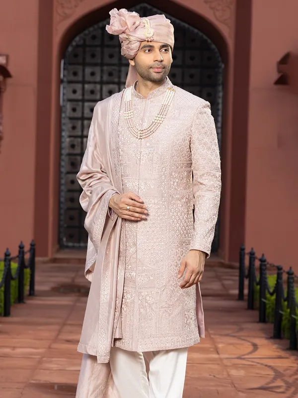 Light peach wedding style sherwani for groom