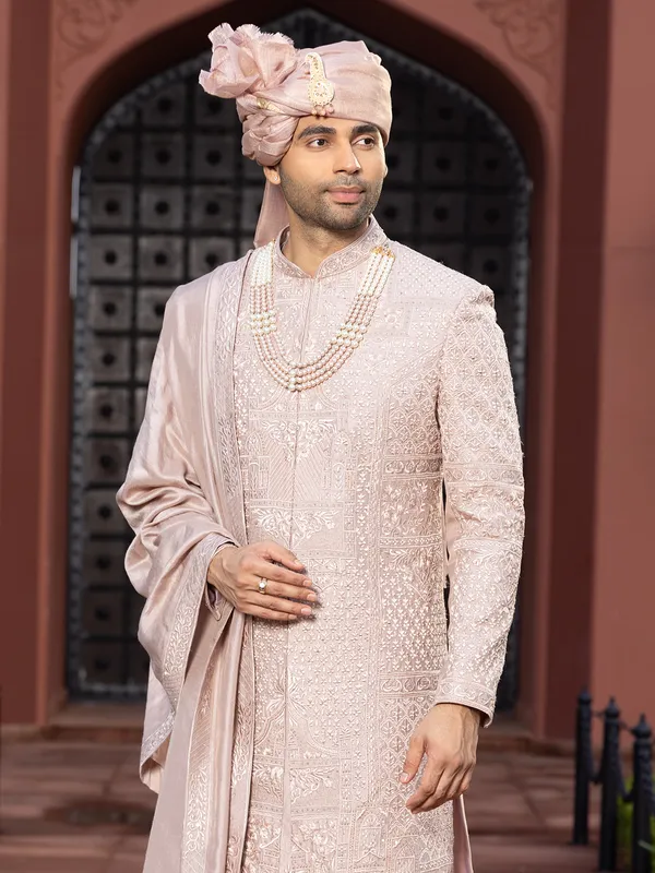 Light peach wedding style sherwani for groom