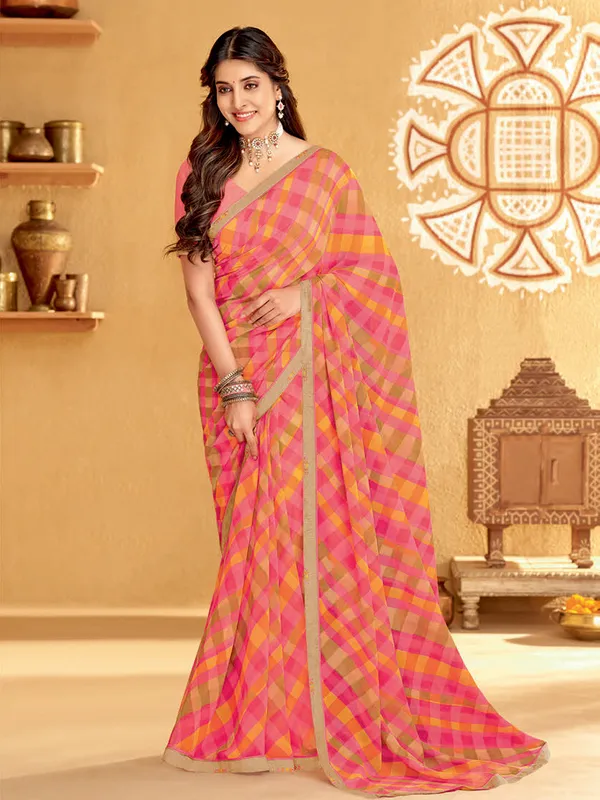 Light pink checks printed georgette saree