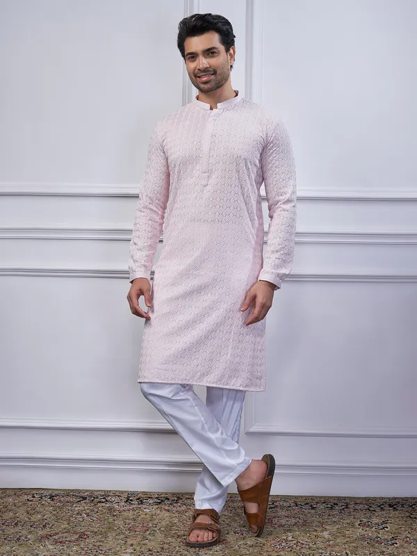 Light pink cotton festival wear kurta suit