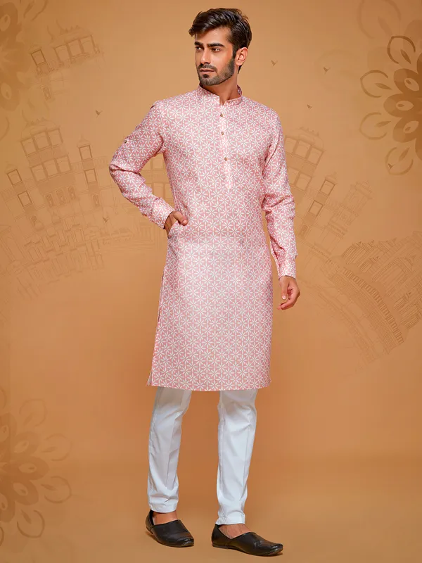 Light pink cotton kurta set for men