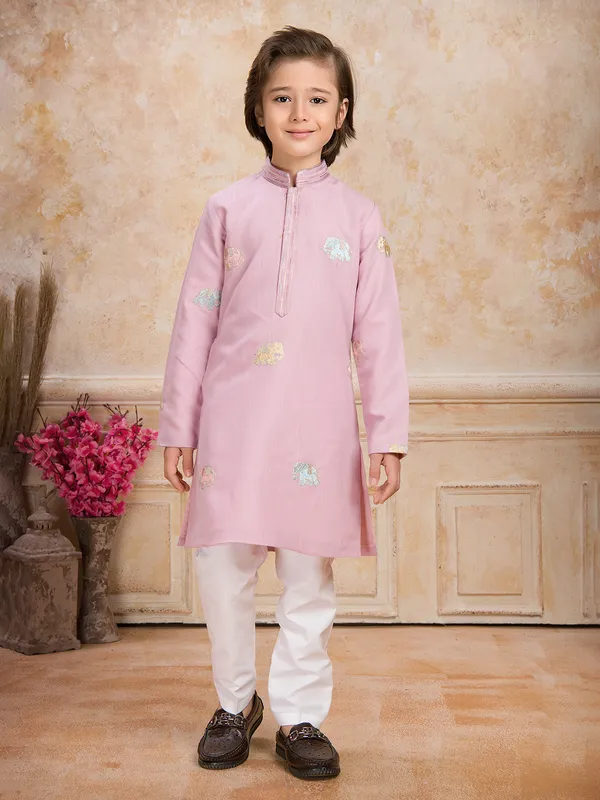 Light pink cotton kurta suit for boys
