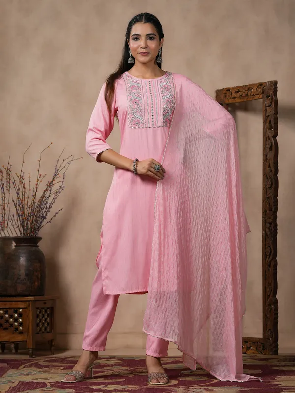 Light pink cotton kurti set with dupatta