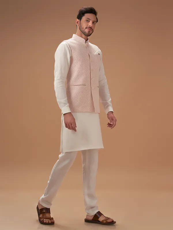 Light pink cotton lucknowi waistcoat set