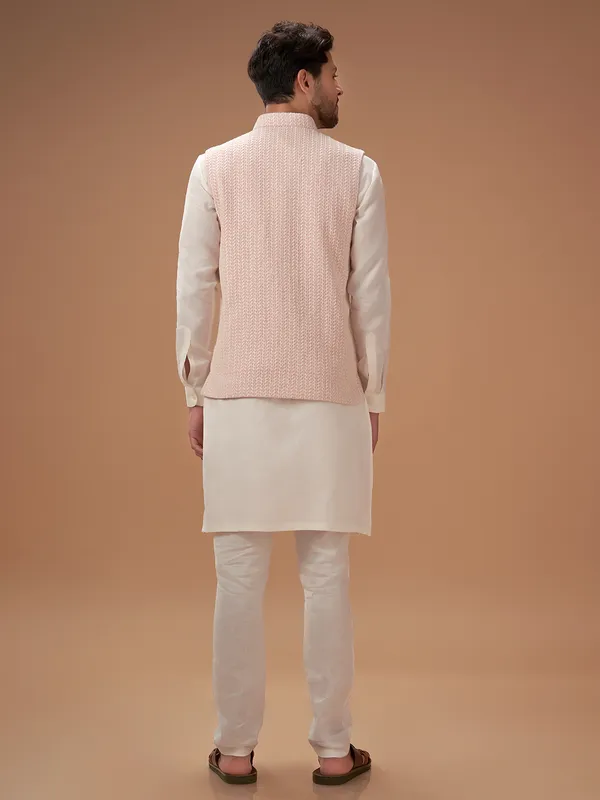 Light pink cotton lucknowi waistcoat set