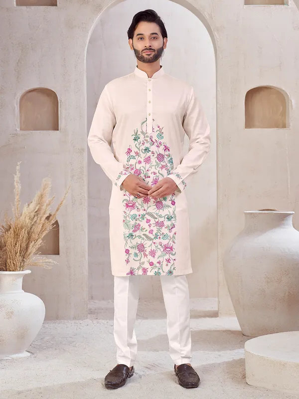 Light Pink cotton men kurta suit with print