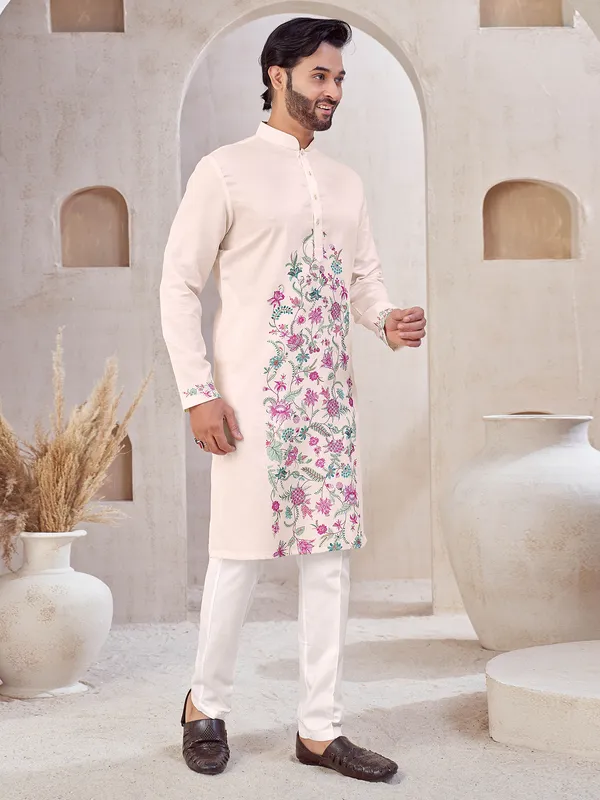 Light Pink cotton men kurta suit with print