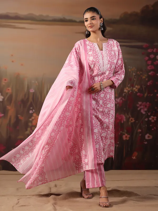 Light pink cotton printed festival wear kurti set with dupatta