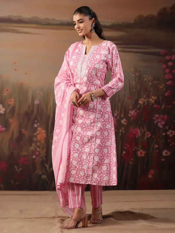 Light pink cotton printed festival wear kurti set with dupatta