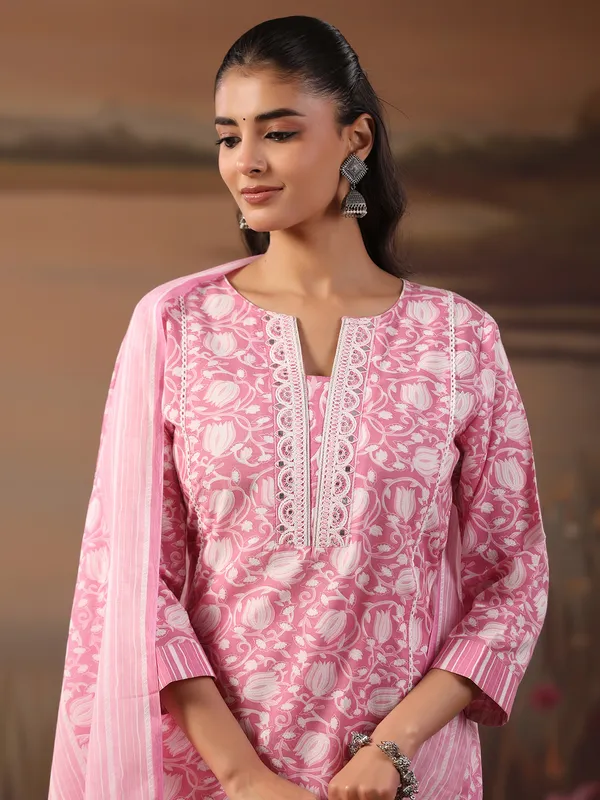 Light pink cotton printed festival wear kurti set with dupatta