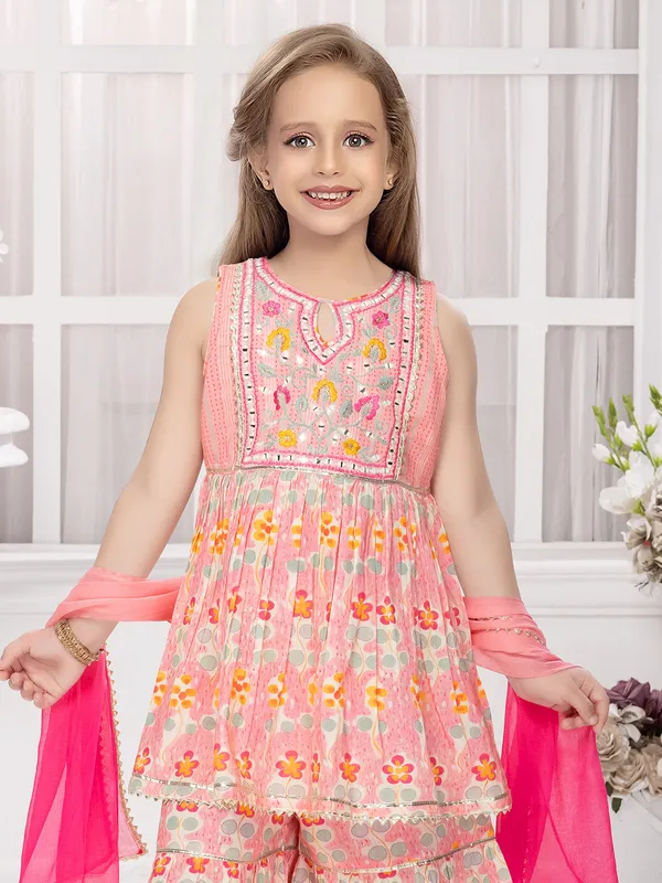 Light pink cotton printed sharara salwar suit
