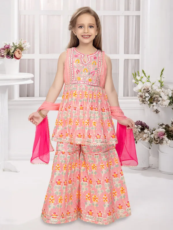 Light pink cotton printed sharara salwar suit