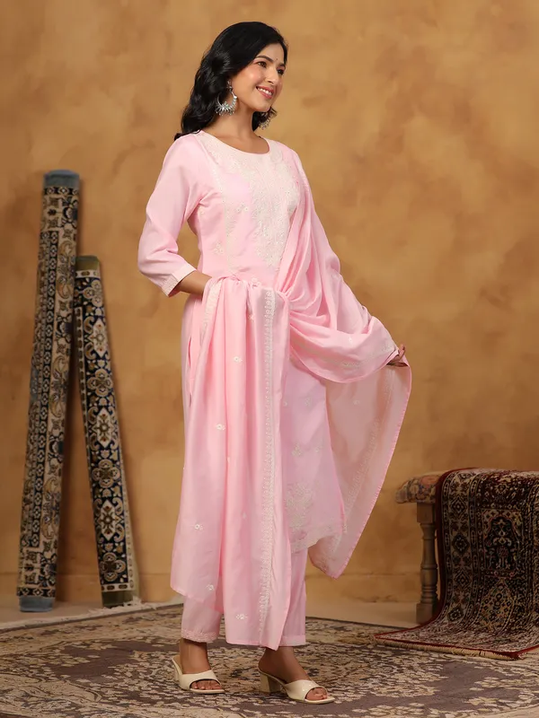 Light pink cotton silk kurti set with dupatta