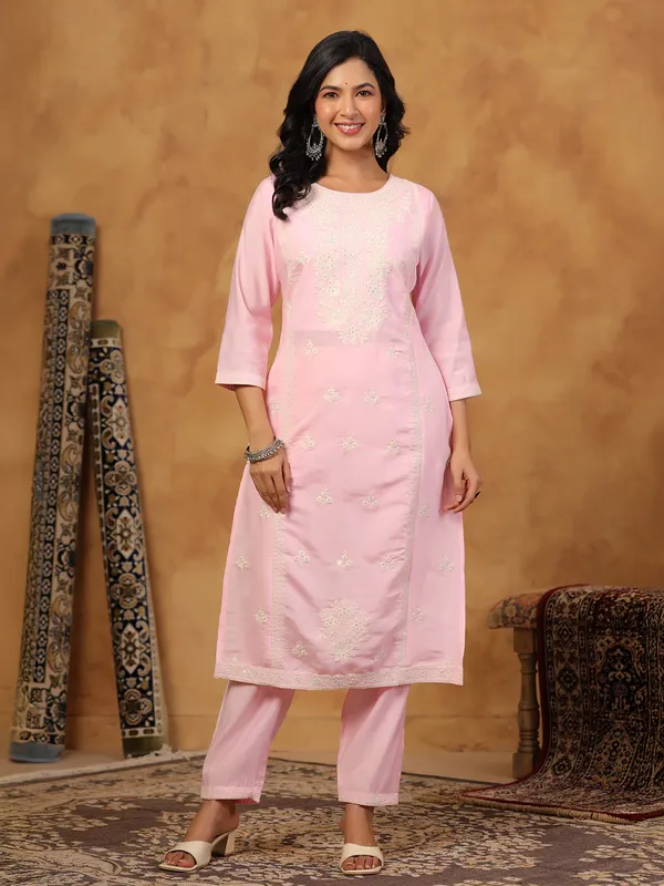 Light pink cotton silk kurti set with dupatta