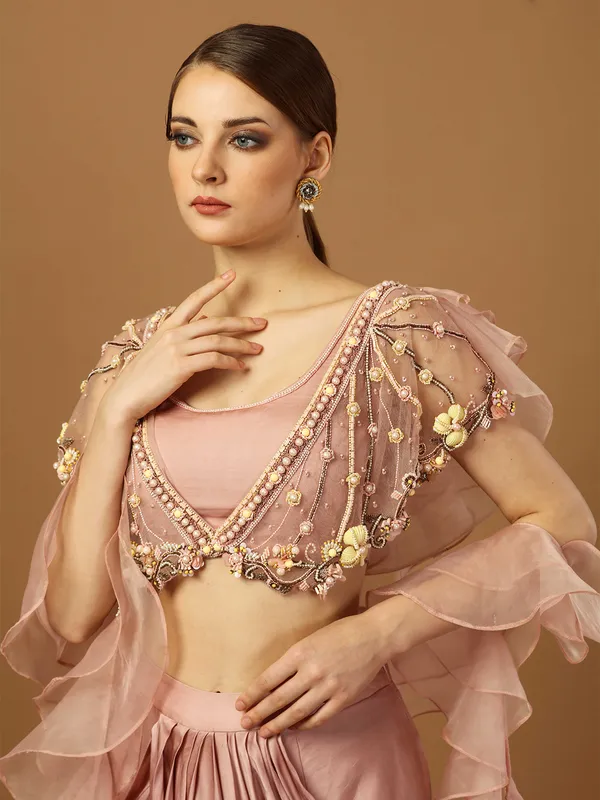 Light pink drape skirt with double layered choli