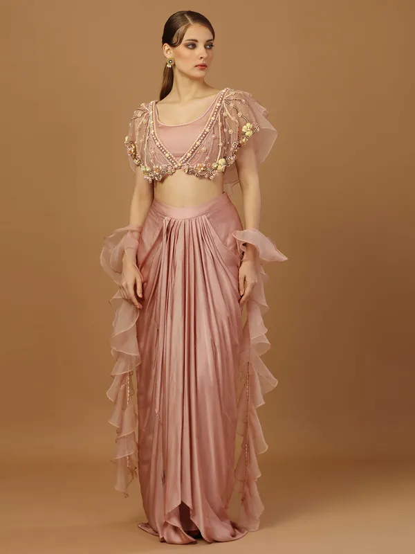 Light pink drape skirt with double layered choli