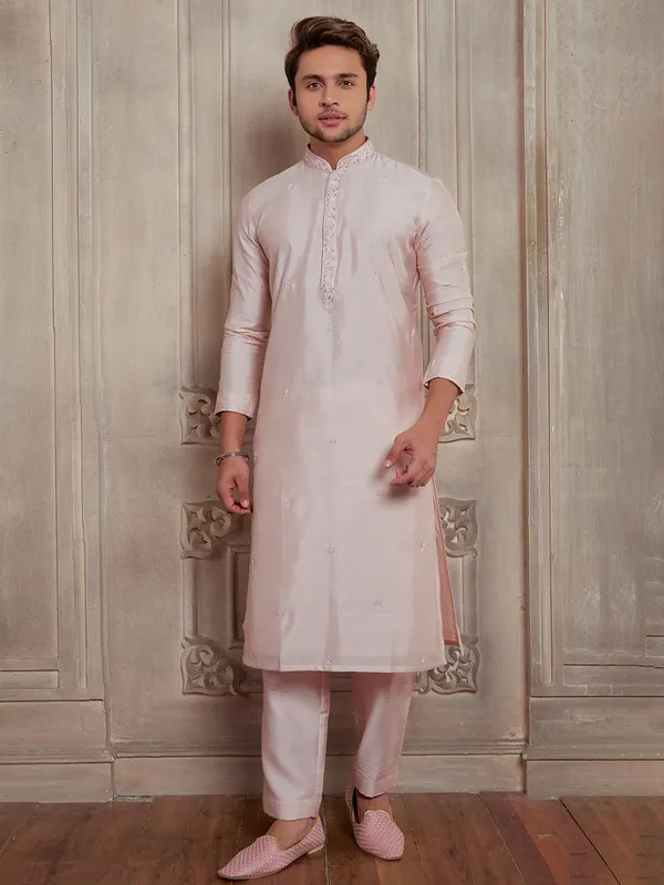 Light pink festive raw silk kurta suit