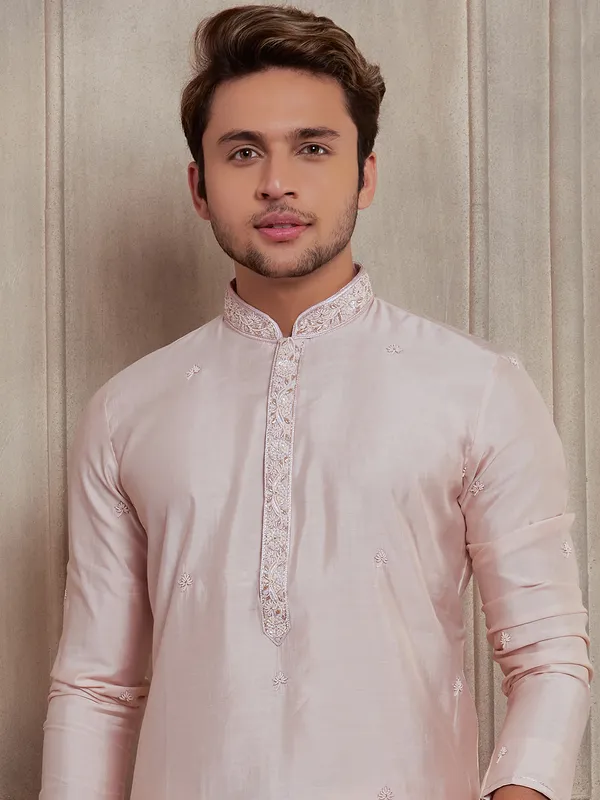 Light pink festive raw silk kurta suit